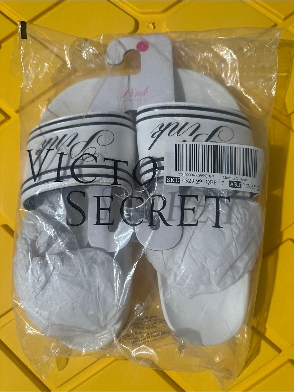 Victoria's Secret White Slide Sandals with Black Script